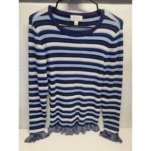 ELLE Women's Striped Long Sleeve Sweater Ruffle Cuffs‎ Blue XL